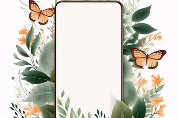 Illustration of smartphone frame, surrounded by plants and butterflies, mobile mockup for app display, eco-friendly with transparent background. Generative AI