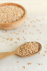 Wheat groats in a wooden spoon and a bowl on a light background. Rustic style. Concept of healthy food. Vertical orientation. Selective focus