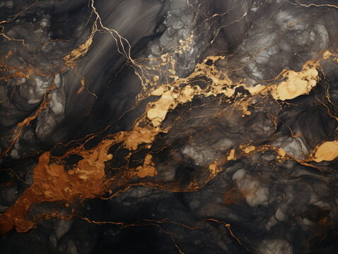 A close up of a black and gold marble texture background