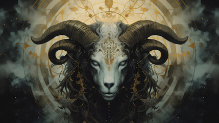 Obraz premium Isolated head of a male goat with big horns, a mystical symbol of occultism representing the sign of Aries in the zodiac.