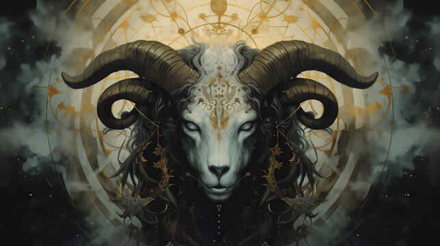 Isolated head of a male goat with big horns, a mystical symbol of occultism representing the sign of Aries in the zodiac.