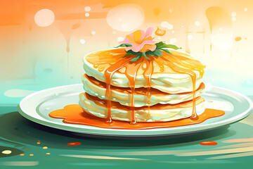 stack the pancakes on a plate with added maple syrup - obrazy, fototapety, plakaty