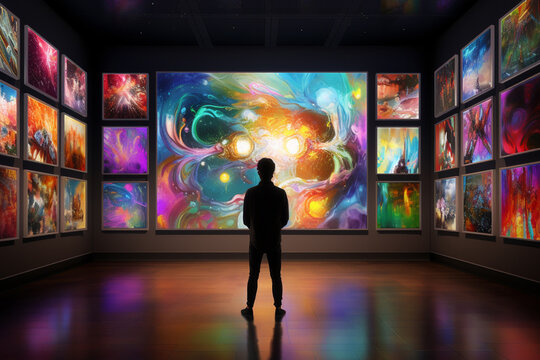 A silhouette backs side portrait of a person watching display screens with many pictures of fantasy futuristic mesmerizing exploration of the galaxy system of metaverse. Generative AI.