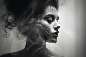 A black and white photo of a woman's face surrounded by smoke - obrazy, fototapety, plakaty