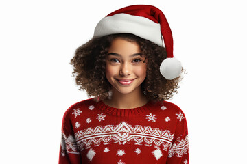 Chica joven de pelo rizado y raza negra con gorro de Santa Claus y jersey con estampado navideño en tonos blancos y granates, sobre fondo blanco - obrazy, fototapety, plakaty