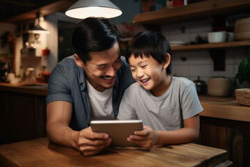 The happy photo shot of an Asian parent and child is looking and using a tablet in a kitchen room together. Generative AI. - obrazy, fototapety, plakaty