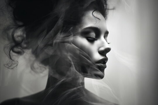 A black and white photo of a woman's face surrounded by smoke