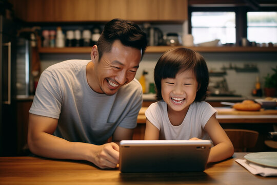 The happy photo shot of an Asian parent and child is looking and using a tablet in a kitchen room together. Generative AI.