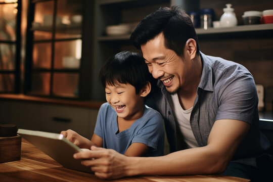 The Happy Photo Shot Of An Asian Parent And Child Is Looking And Using A Tablet In A Kitchen Room Together. Generative AI.