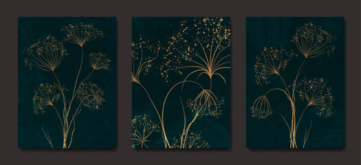Dark luxury art background with flowers and grass in line art style. Abstract botanical set of posters for decoration, print, textile, wallpaper, packaging, interior design.