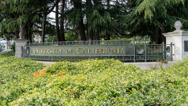 University of California sign outside the UC Berkeley campus, California, June 5, 2023. The University of California, Berkeley is a public land-grant research university. 