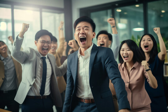 A happy young adult Asian employee business team rises up in joy of succession in office workplace. Generative AI.