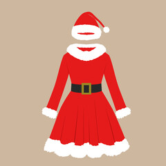 Christmas women santa dress costume and hat vector icon. Xmas hat illustration. Flat design cartoon dress winter holiday design element. Party time hair accessory.