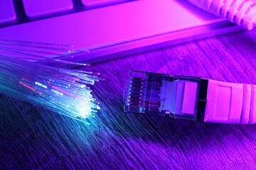 Optical fiber strands transmitting different color lights near cable with modular connector and...