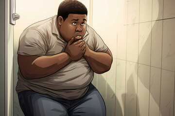 Big fat obese boy hiding in school toilet fear of bullying by classmates - obrazy, fototapety, plakaty