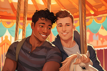 Cute gay couple of white and dark skinned guys ride on a carousel