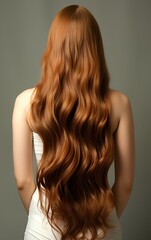Womans long wavy red hair, smooth and shiny, view from back. Generative AI. 