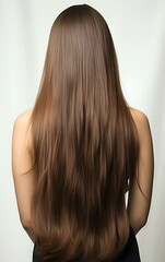 Womans long straight brown hair, smooth and shiny, view from back. Generative AI. 
