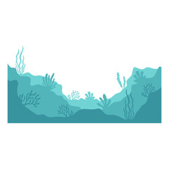 Fototapeta na wymiar Ocean landscape silhouette. Sea underwater background. Ocean bottom with seaweeds. Vector marine scene