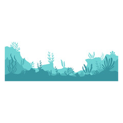 Ocean landscape silhouette. Sea underwater background. Ocean bottom with seaweeds. Vector marine scene