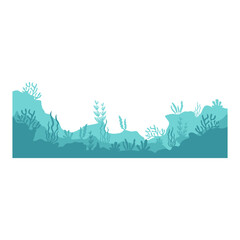 Naklejka premium Ocean landscape silhouette. Sea underwater background. Ocean bottom with seaweeds. Vector marine scene