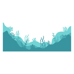 Ocean landscape silhouette. Sea underwater background. Ocean bottom with seaweeds. Vector marine scene