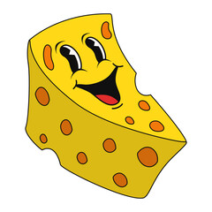 Retro cute cheese character. Cheese with cartoon face. Cheese day. Vector illustration.