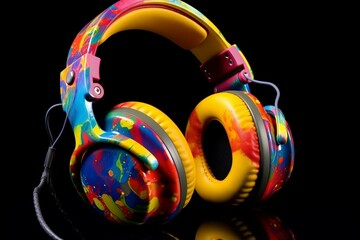 Multicolored headphone cover with vibrant splash. Generative AI