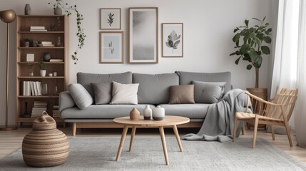 Grey sofa with cushions in light living room. 3d render. Decor concept. Real estate concept. Art concept. Design concept. Interior concept.