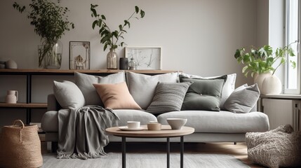 Grey sofa with cushions in light living room. 3d render. Decor concept. Real estate concept. Art concept. Design concept. Interior concept.