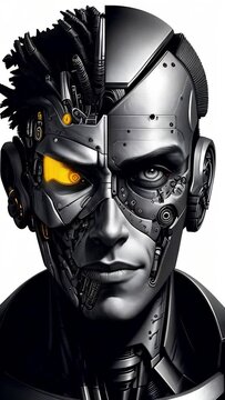 futuristic robot head with technological system. male face of an android robot. concept of artificial intelligence.