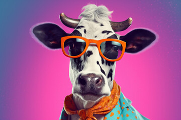 Retro hair style cow on bright background, looking trendy