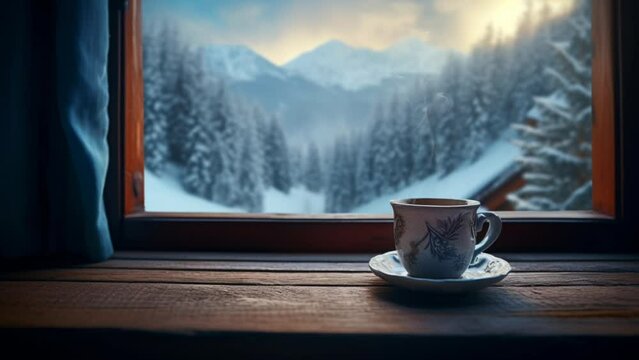 hot coffee with cozy winter morning vibe. seamless looping virtual video animation background. Generated with AI