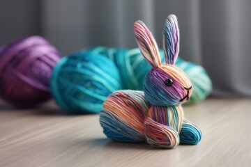 Cute bunny decoration with colorful gradient and yarn art. Generative AI