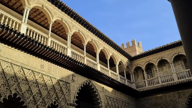 Famous Patio de Las Doncellas, Courtyard of the Maiden, Royal Alcazar of Seville Tourist Attraction, Spain