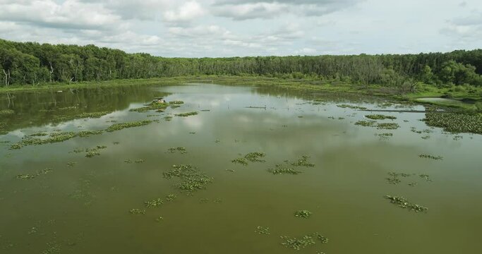 Vegetation Floating Over Green Water Of Spile Lake In Vernon County, Missouri, United States. Aerial Wide Shot 