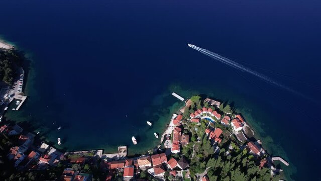 Aerial View of Rose Village and Boka Kotorska Bay, Blue Adriatic Sea, Revealing Drone Shot