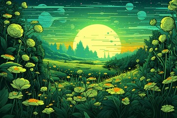 Illustration of vibrant green bushes, harmoniously blending with the cosmos. Generative AI