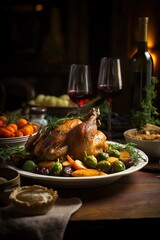 beautifully roasted chicken with winter vegetables on a festive table, promising a sumptuous and comforting meal for family gatherings