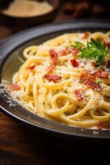 creamy carbonara or hearty pasta with grated cheese, showcasing the richness and textures in a cozy winter setting with culinary allure