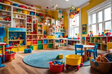 A vibrant children's playroom with a colorful wall mock-up for educational and interactive wall art