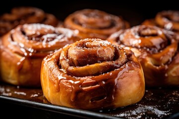 freshly baked bread or cinnamon rolls straight from the oven, capturing the golden crusts and enticing aromas in an inviting setting