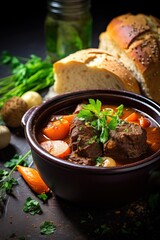 mug filled with steaming beef or vegetable stew, alongside freshly baked bread, presenting a heartwarming winter dish with cozy charm