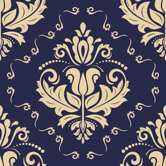 Classic seamless pattern. Damask orient ornament. Blue and golden classic vintage background. Orient pattern for fabric, wallpapers and packaging