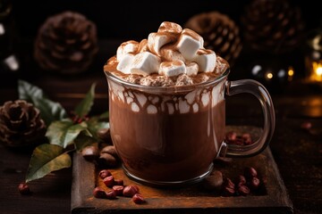 steamy mug of rich hot cocoa topped with whipped cream and marshmallows against a snowy backdrop, inviting cozy moments of winter indulgence