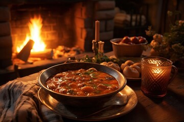 plated meal near a crackling fireplace, creating a cozy atmosphere with a bowl of chili or a baked casserole, perfect for winter indulgence