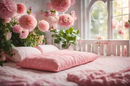 A baby girl's nursery with a garden of blooming flowers, floral patterns, and an ambiance of natural beauty for sweet dreams