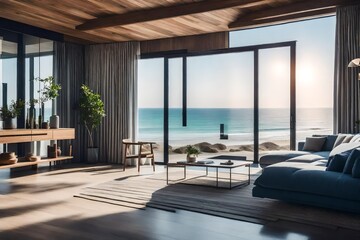 A coastal beach house interior with sandy hues, driftwood accents, and ocean views from the living room - Powered by Adobe