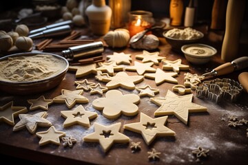 festive baking session with hands kneading dough or cookie cutters on a floured surface, promising warmth and culinary delight