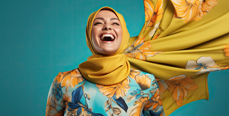 muslim woman laughing with a yellow scarf